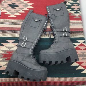 Dolls Kill Current Mood Jane Doe Platform Boots Sz 6 Black Vegan Gothic Rave Pun
